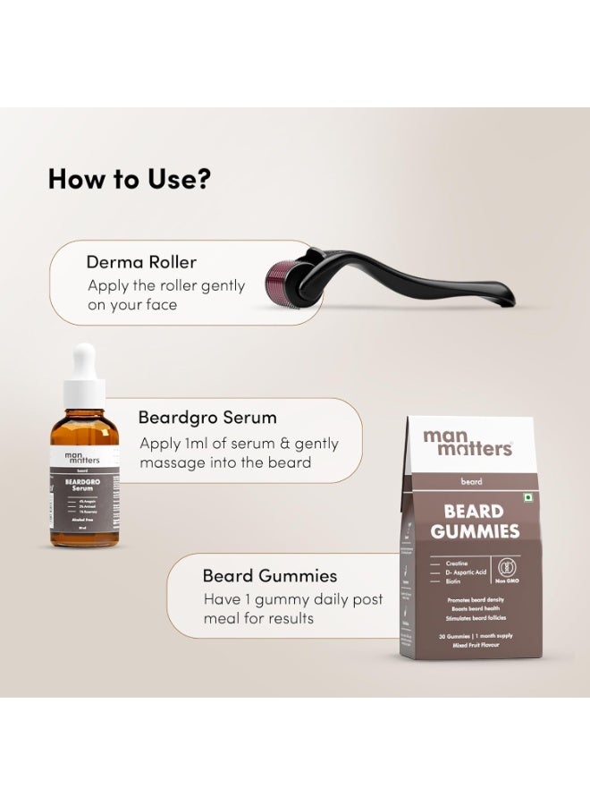 مان ماترز مجموعة مان ماترز المتكاملة لنمو اللحية، تحتوي على سيروم اللحية 30 مل، وحبوب مضغ لنمو اللحية، وبكرة ديرما متطورة | مع 4% أناجين، 1% إكليل الجبل، وبيوتين | لنمو اللحية وتغذيتها | خالية من كبريتات لوريل الصوديوم ونباتية 100%. - Image 3